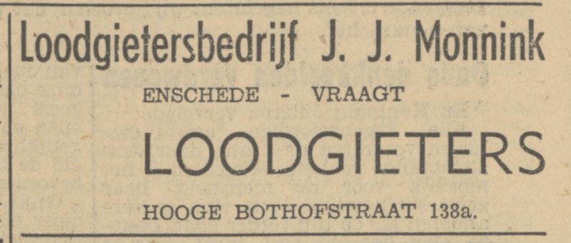 Hoge Bothofstraat  138a Loodgietersbedrijf J.J. Monnink  advertentie Tubantia 22-11-1950.jpg