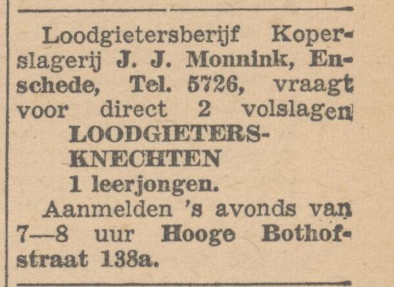 Hoge Bothofstraat  138a Loodgietersbedrijf J.J. Monnink  advertentie Twentsche Courant 24-5-1945.jpg