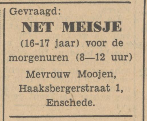 Haaksbergerstraat 1 Mevr. Moojen advertentie Tubantia 28-4-1951.jpg