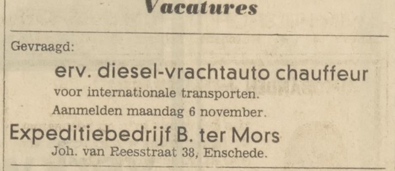 Johan van Reesstraat 38 B. ter Mors Expeditiebedrijf advertentie Tubantia 3-11-1967.jpg