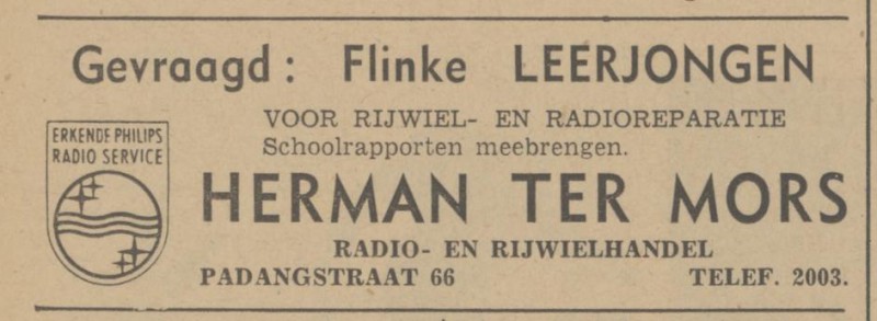 Padangstraat 66 Radio- en rijwielhandel Herman ter Mors advertentie Tubantia 17-12-1941.jpg