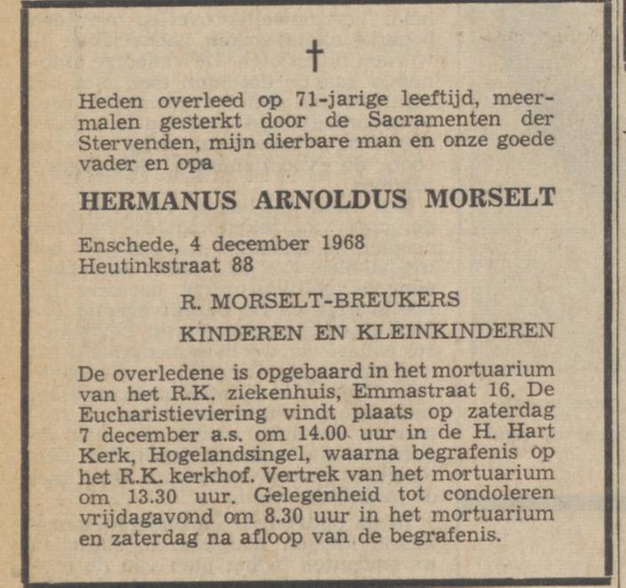 Heutinkstraat 88 H.A. Morselt overlijdensadvertentie De Volkskrant 6-12-1968.jpg