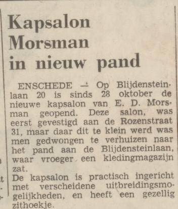Rozenstraat 31 kapsalon E.D. Morsman krantenbericht Tubantia 31-10-1971.jpg