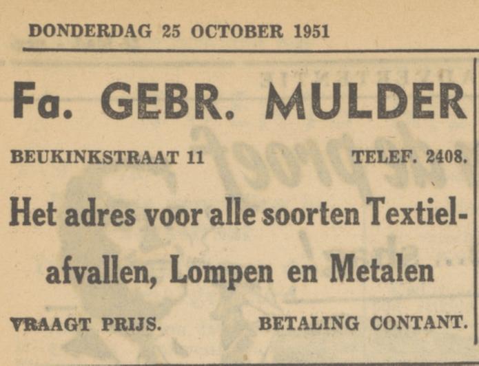 Beukinkstraat Fa. Gebr. Mulder advertentie Tubantia 25-10-1951.jpg