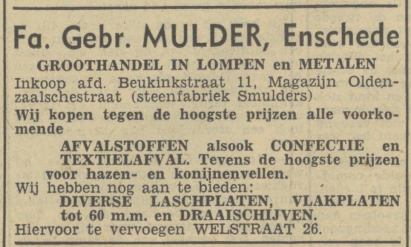 Beukinkstraat Fa. Gebr. Mulder advertentie Tubantia 2-12-1946.jpg