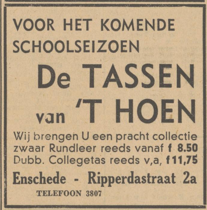 Ripperdastraat 2A lederwaren 't Hoen advertentie Tubantia 25-8-1948.jpg