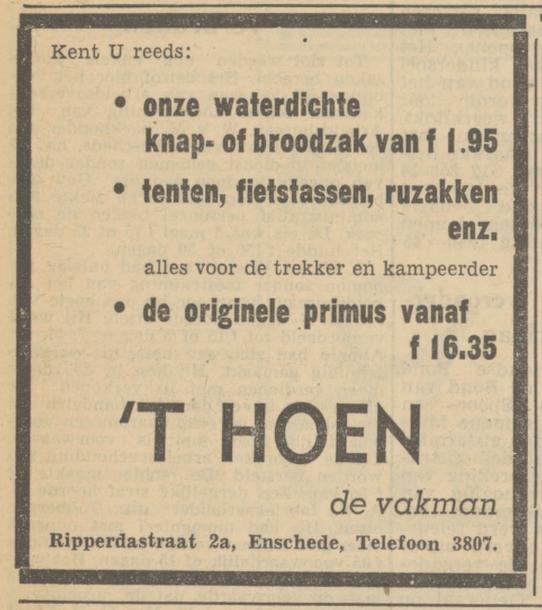 Ripperdastraat 2A lederwaren 't Hoen advertentie Tubantia 18-7-1950.jpg