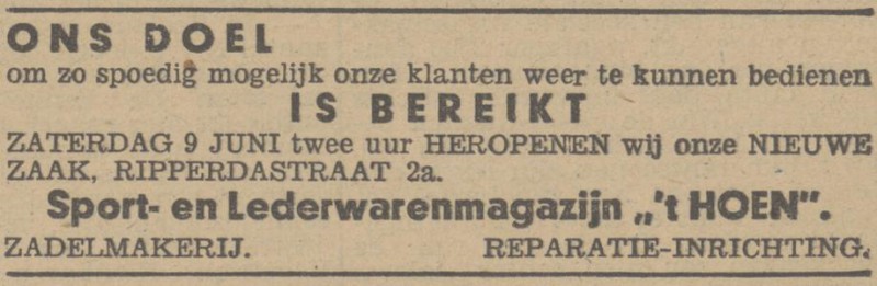 Ripperdastraat 2a Sport- en lederwarenmagazijn 't Hoen advertentie Het vrije volk 6-6-1945.jpg
