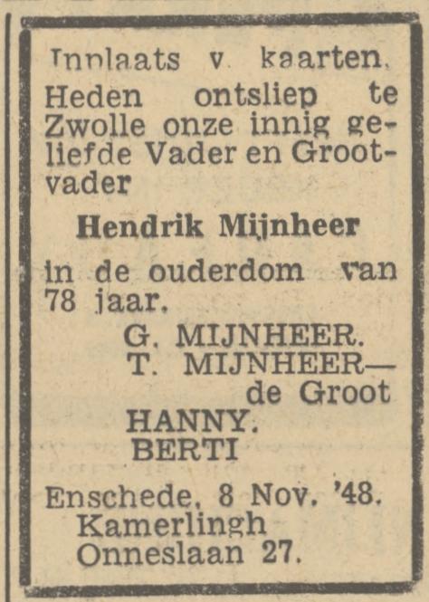 Kamerlingh Onneslaan 27 Hendrik Mijnheer overlijdensadvertentie Tubantia 11-11-1948.jpg