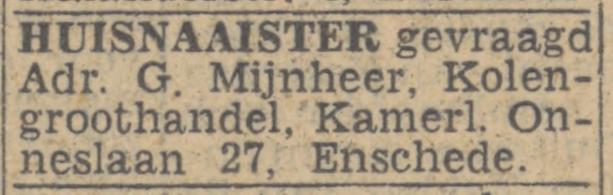 Kamerlingh Onneslaan 27 G. Mijnheer Kolengroothandel advertentie Twentsch nieuwsblad 30-8-1944.jpg