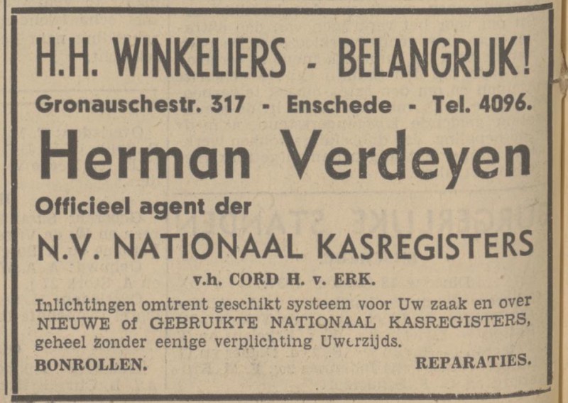 Gronausestraat 317 N.V. Nationaal Kasregisters v.h. Cord H. v. Erk. telf. 4096. advertentie Tubantia 12-10-1937.jpg