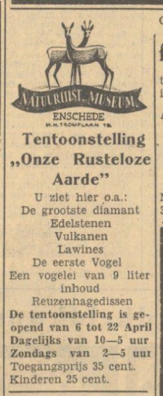 M.H. Tromplaan 19 Natuuhist. Museum advertentie Tubantia 7-4-1951.jpg