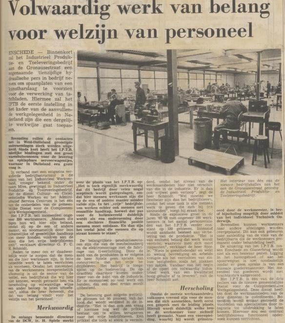 Gronausestraat 758 DCW Dienst Complementaire Werkgelegenheid krantenbericht Tubantia 7-10-1972.jpg