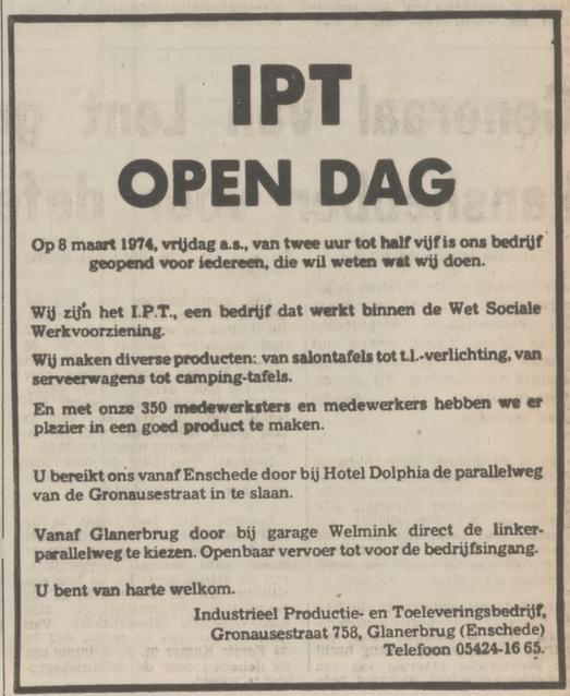 Gronausestraat 758 IPT Industrieel Productie en Toeleveringsbedrijf advertentie Tubantia 6-3-1974.jpg