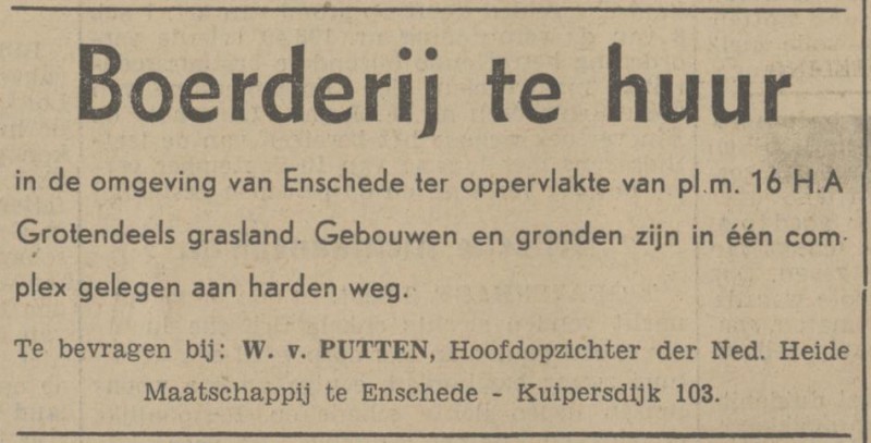 Kuipersdijk 103 W. van Putten Hoofdopzichter Nederlandse Heide Maatschappij advertentie Tubantia 3-9-1941.jpg