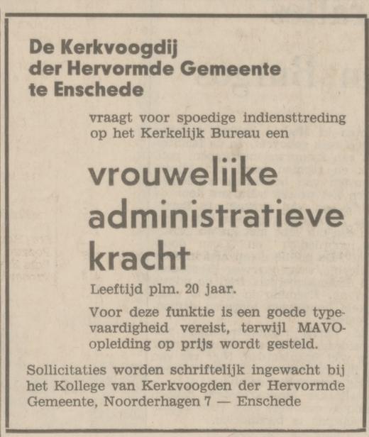 Noorderhagen 7 Nederlands Hervormde Gemeente Kerkelijk Bureau advertentie Tubantia 11-12-1970.jpg