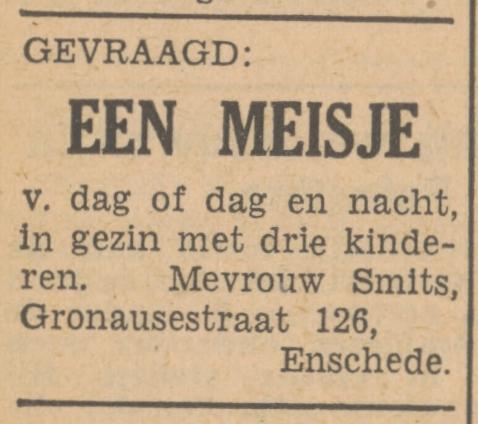 Gronausestraat 126 Mevr. Smits advertentie Tubantia 10-8-1948.jpg
