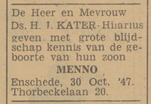 Thorbeckelaan 20 Ds. H.J. Kater advertentie Tubantia 30-10-1947.jpg