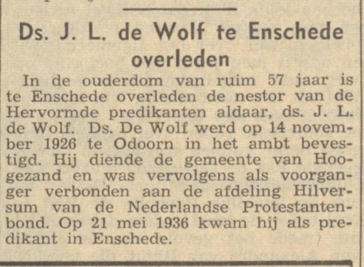 Ds. J.L. de Wolf overleden krantenbericht 25-4-1960.jpg