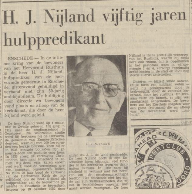H.J. Nijland 50 jaar hulppredikant krantenbericht Tubantia 20-11-1972.jpg