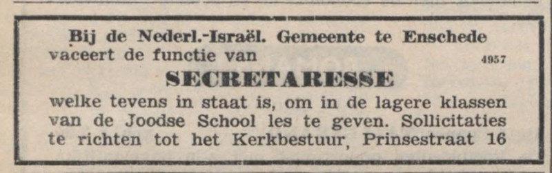 Prinsestraat 16 Nederlands Israel. Gemeente advertentie Nieuw Israelitisch weekblad 19-11-1948.jpg