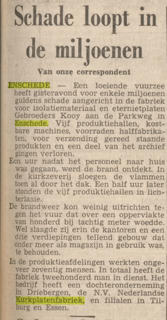 Parkweg 110 Nederlandse Kurkplatenfabriek Gebr. Kooy krantenbericht Tubantia 3-11-1964.jpg