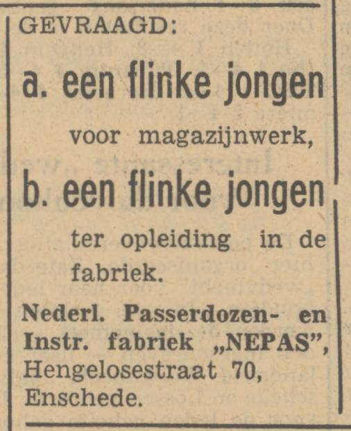 Hengelosestraat 70 Nederlandse Passerdozen- en Instrumentenfabriek Nepas advertentie Tubantia 26-10-1948.jpg