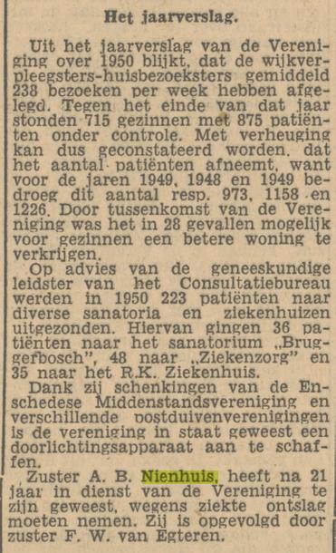 Zuster A.B. Nienhuis Vereniging tot Bestrijding T.B.C. krantenbericht Tubantia 28-5-1951.jpg