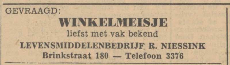 Brinkstraat 180 R. Niessink Levensmiddelenbedrijf advertentie Tubantia 10-4-1951.jpg