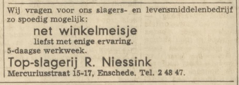 Mercuriusstraat 17 slagerij R. Niessink advertentie Tubantia 21-3-1969.jpg