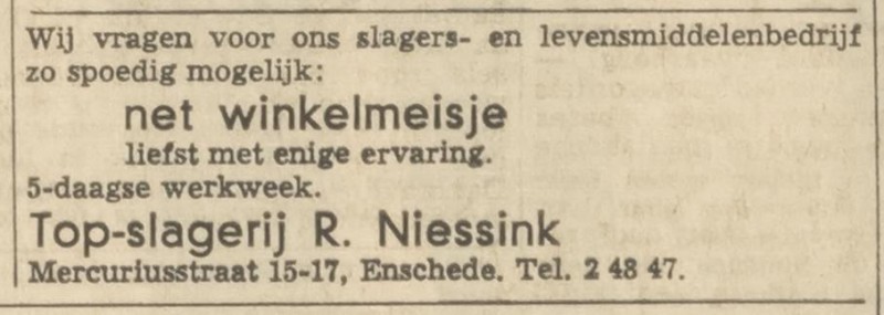 Mercuriusstraat 17 slagerij R. Niessink advertentie Tubantia 21-3-1969.jpg