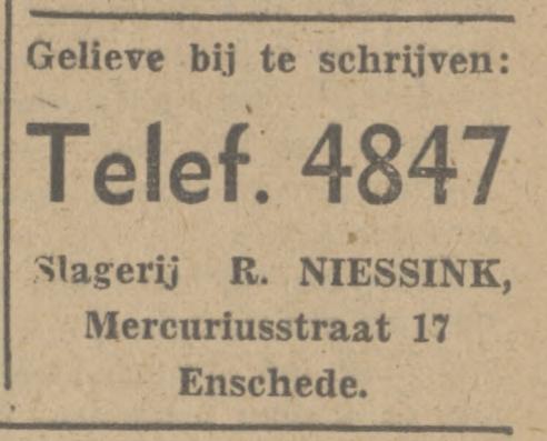 Mercuriusstraat 17 slagerij R. Niessink advertentie Tubantia 2-3-1948.jpg