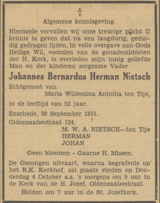 Oldenzaalsestraat 124 J.B.H. Nietsch overlijdensadvertentie Tubantia 1-10-1951.jpg