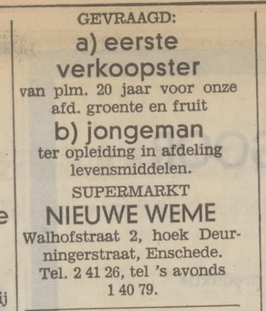 Walhofstraat 2 hoek Deurningerstraat Supermarkt Nieuwe Weme advertentie Tubantia 19-4-1969.jpg