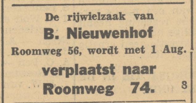 Roomweg 74 B. Nieuwenhof rijwielzaak advertentie Tubantia 1-5-1933.jpg