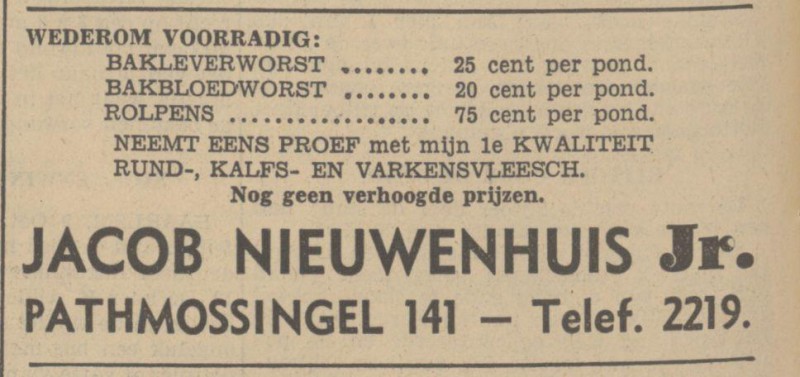 Pathmossingel 141 slagerij Jacob Nieuwenhuis advertentie Tubantia 9-10-1936.jpg