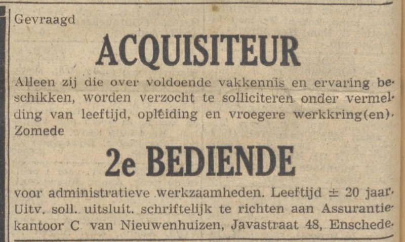 Javastraat 48 Assurantiekantoor C. van Nieuwenhuizen advertentie De Volkskrant 3-11-1951.jpg