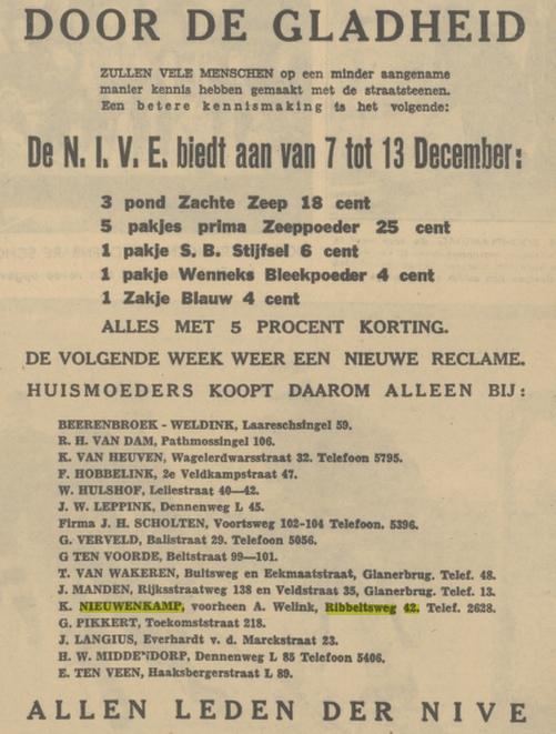 Ribbeltsweg 42 K. Nieuwenkamp voorheen A. Welink advertentie Tubantia 7-12-1933.jpg