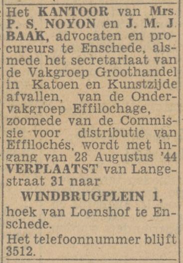 Windbrugplein 1 Mrs. P.S. Noyon & J.M.J. Baak advertentie Twentsch nieuwsblad 26-8-1944.jpg