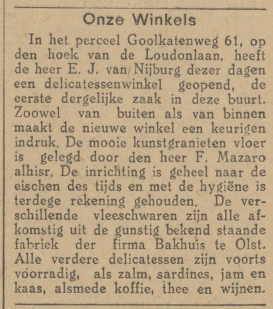 Goolkatenweg 61 hoek Minister Loudonlaan delicatessenwinkel  E.J. van Nijburg  krantenbericht Tubantia 30-11-1926.jpg