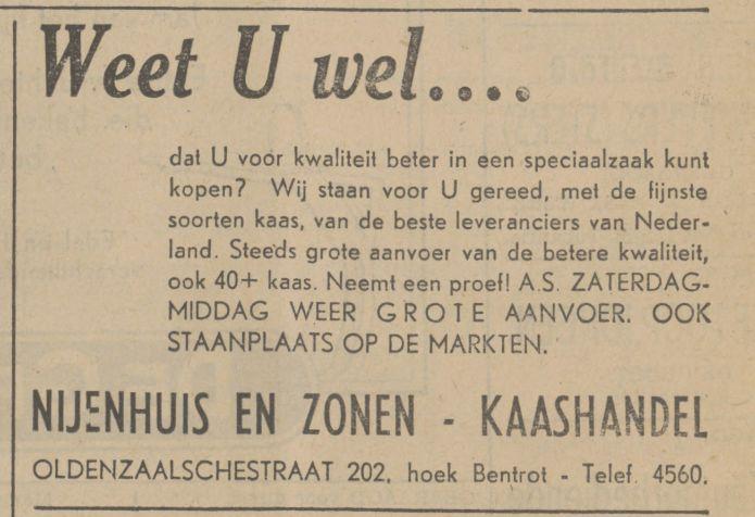 Oldenzaalsestraat 202 hoek Bentrotstraat Nijenhuis en Zonen kaashandel advertentie Tubantia 9-1-1942.jpg