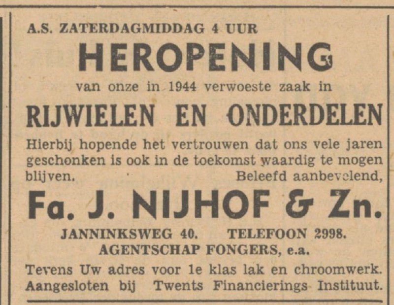 Janninksweg 40 Fa. J. Nijhof & Zn. rijwielen advertentie Tubantia 17-3-1949.jpg