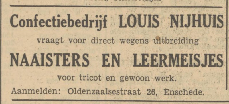 Oldenzaalsestraat 26 Confectiebedrijf Louis Nijhuis advertentie Tubantia 7-8-1950.jpg