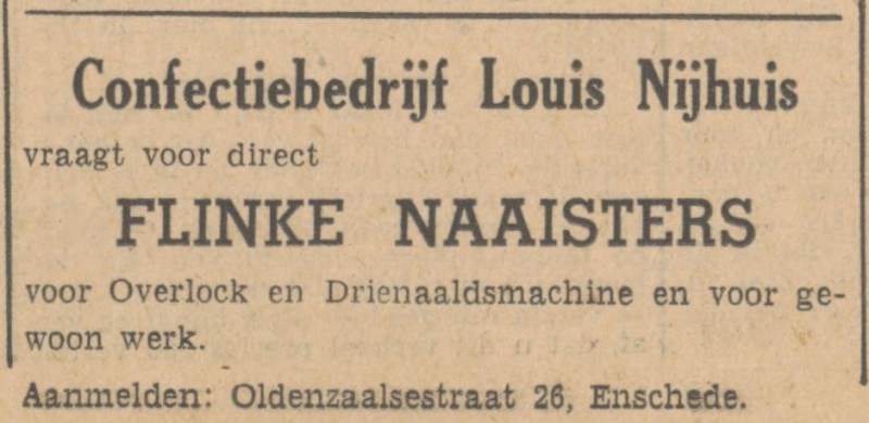 Oldenzaalsestraat 26 Confectiebedrijf Louis Nijhuis advertentie Tubantia 12-5-1947.jpg