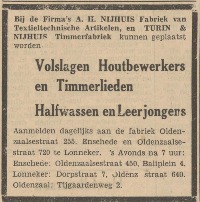 Oldenzaalsestraat 255 Fa. A.H. Nijhuis Fabriek van Textieltechnische Artikelen advertentie Tubantia 16-9-1947.jpg