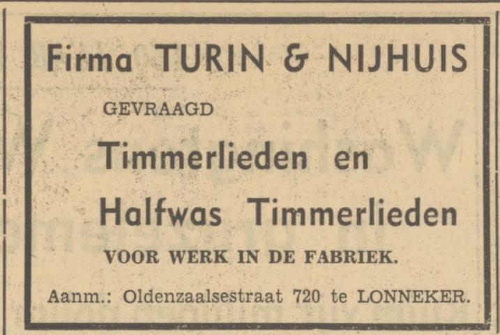 Oldenzaalsestraat 720 Lonneker Firma Turin & Nijhuis advertentie Tubantia 25-9-1950.jpg