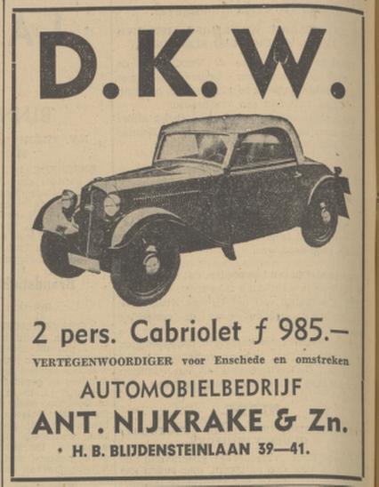 H.B. Blijdensteinlaan 39-41 Autonobielbedrijf Ant. Nijkrake & Zn. advertentie Tubantia 14-7-1936.jpg