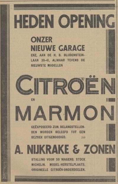 H.B. Blijdensteinlaan 39-41 A. Nijkrake & Zonen advertentie Tubantia 24-8-1929.jpg