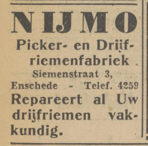Siemenstraat 3 Nijmo Picker- en Drijffabriek advertentie Tubantia 18-4-1951.jpg