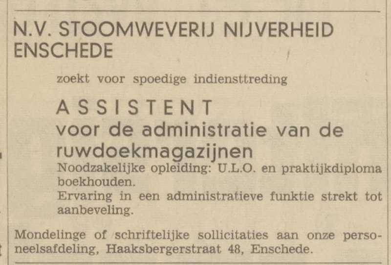 Haaksbergerstraat 48 N.V. Stoomweverij De Nijverheid advertentie Tubantia 4-7-1966.jpg